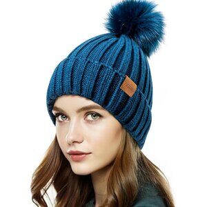 Women's Winter Warm Blue Beanie Fleece Lined Skull Faux Fur Pom Cuff Hat Cap